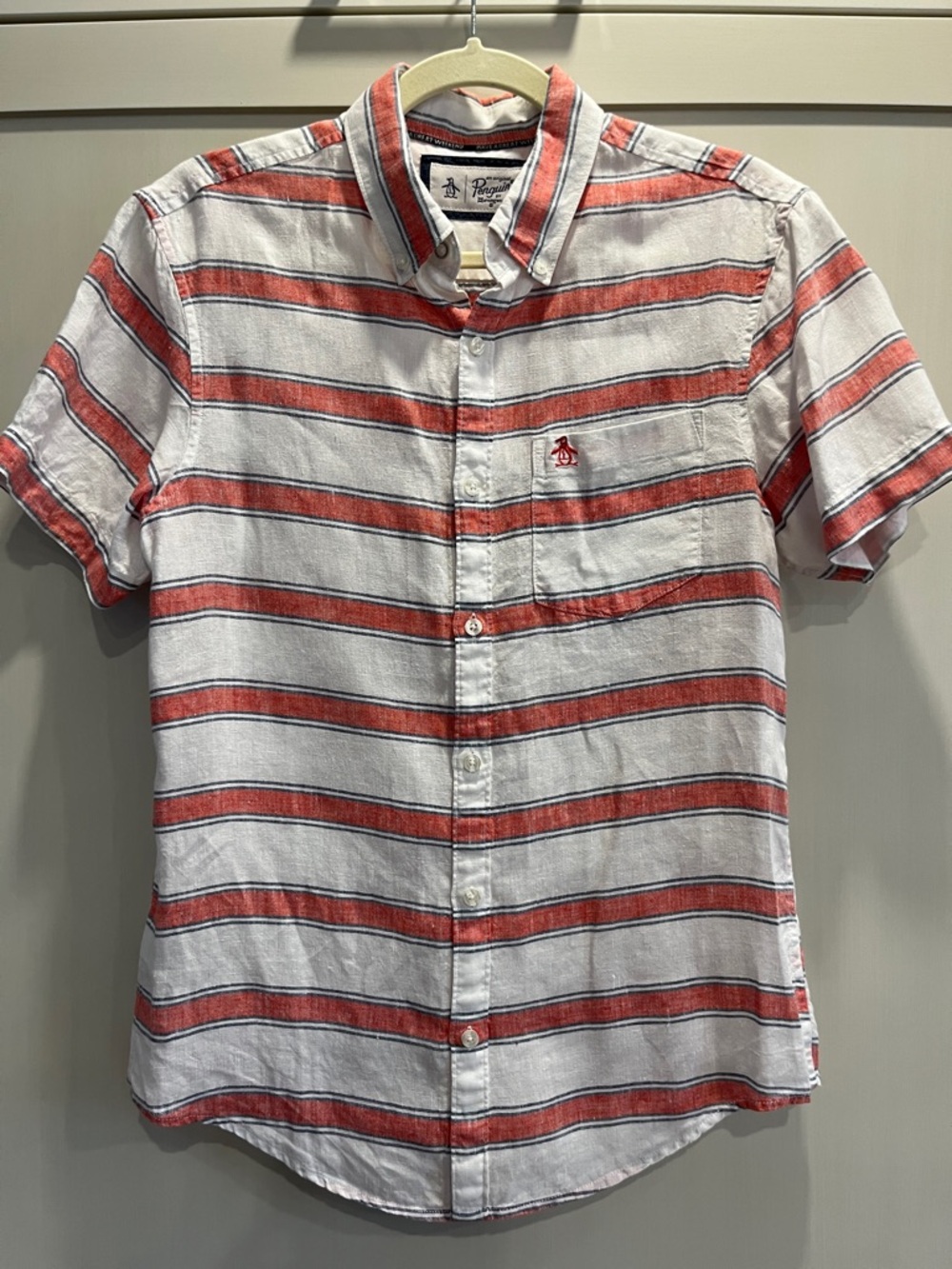 Original Penguin White Button-Down 100% linen Shirt with Red & denim blue stripe